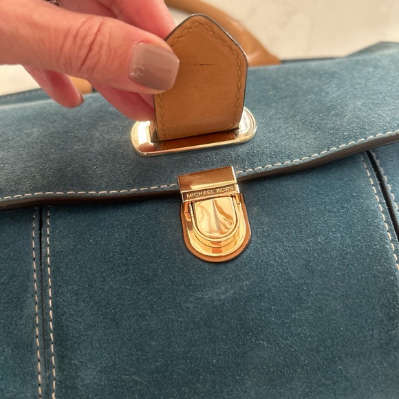 MICHAEL KORS ROMY DENIM BLUE SUEDE BROWN CROSSBODY MESSENGER BAG SATCHEL - Picture 12 of 16